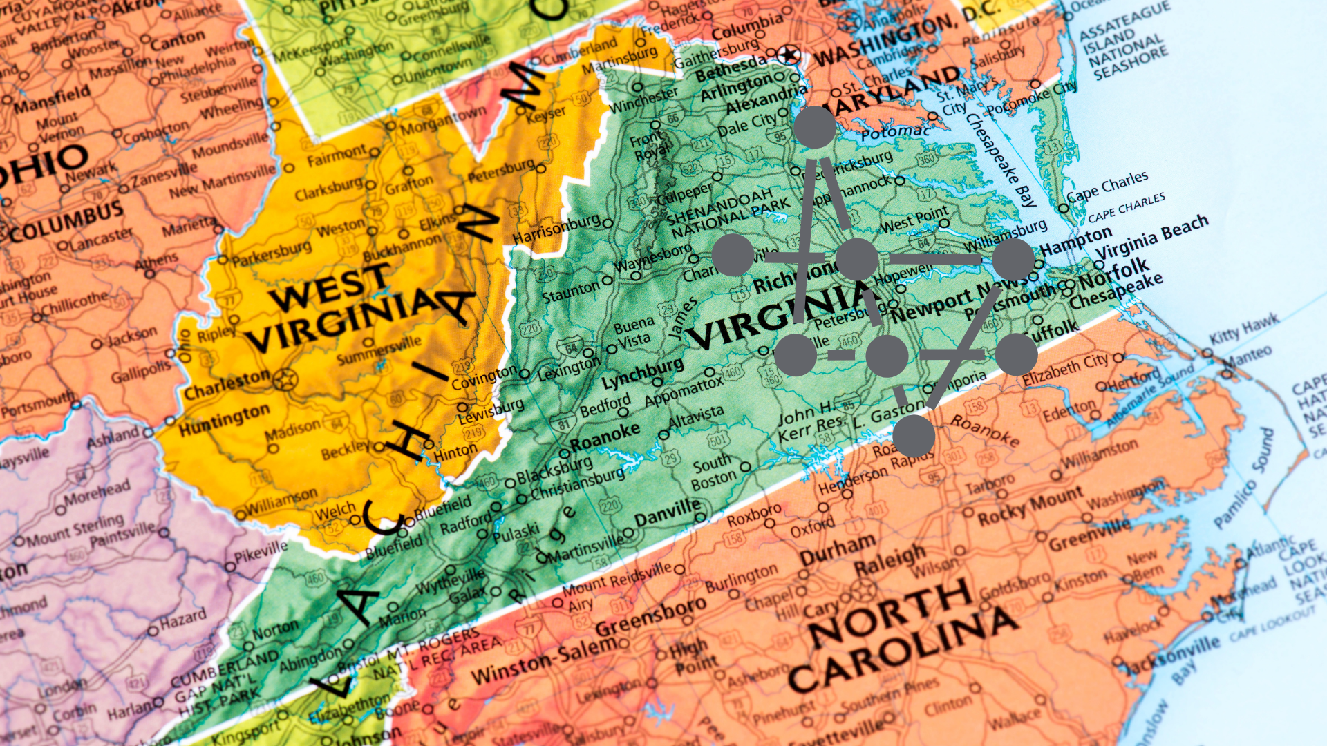 map of Virginia with spokes going outward from Richmond